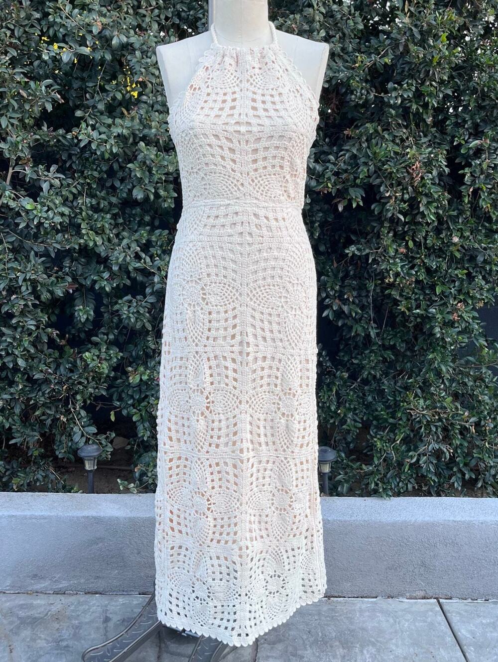 NEW House of Harlow 1960 Cream Beige Crochet Halter Maxi Dress Women Medium NWT - Picture 5 of 8